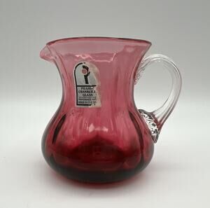 Pilgrim Cranberry Ribbed Optic Glass Creamer Pitcher 3.5” Applied Clear Handle